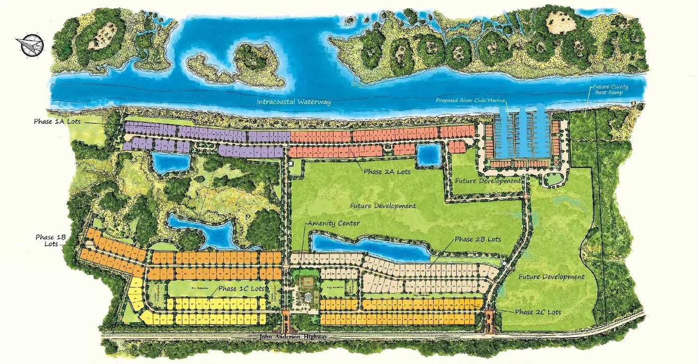 The Veranda Bay master plan. Phase 1A lots front the Intracoastal at top left, the Amenity Center sits mid-plan, and the proposed River Club and Marina anchors the northeast corner. Note the future county boat ramp at far right.