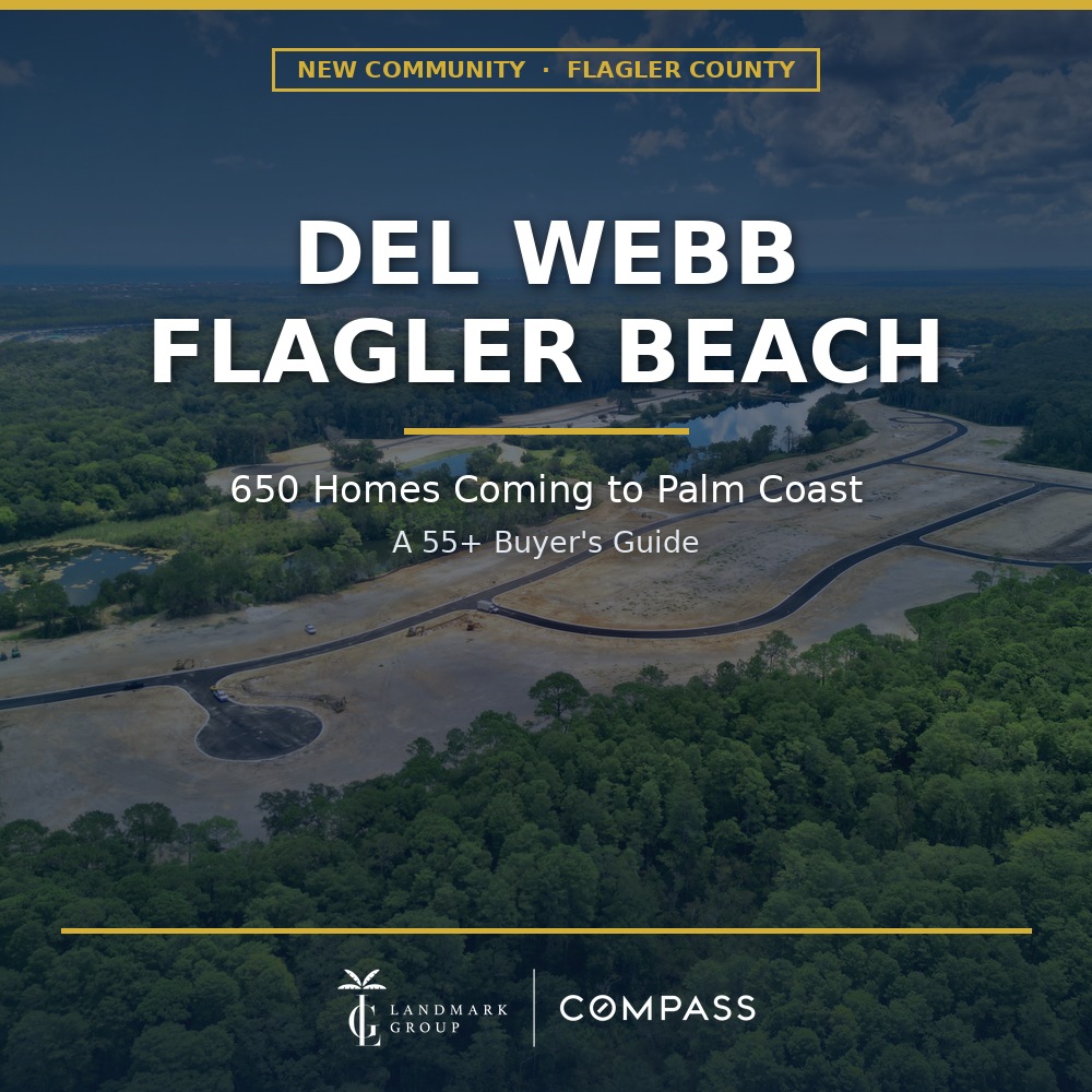 Aerial drone view of Del Webb Flagler Beach under construction in Palm Coast, Florida, showing cleared homesites, roads and preserved wetlands