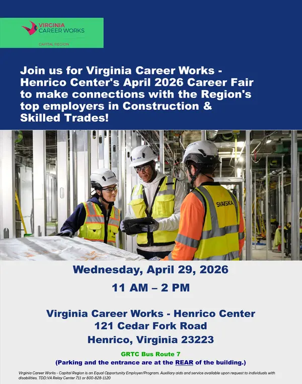 feature image of Skilled Trades and Construction JOB FAIR AUGUS 29th 11-2 Virginia Career Works Henrico