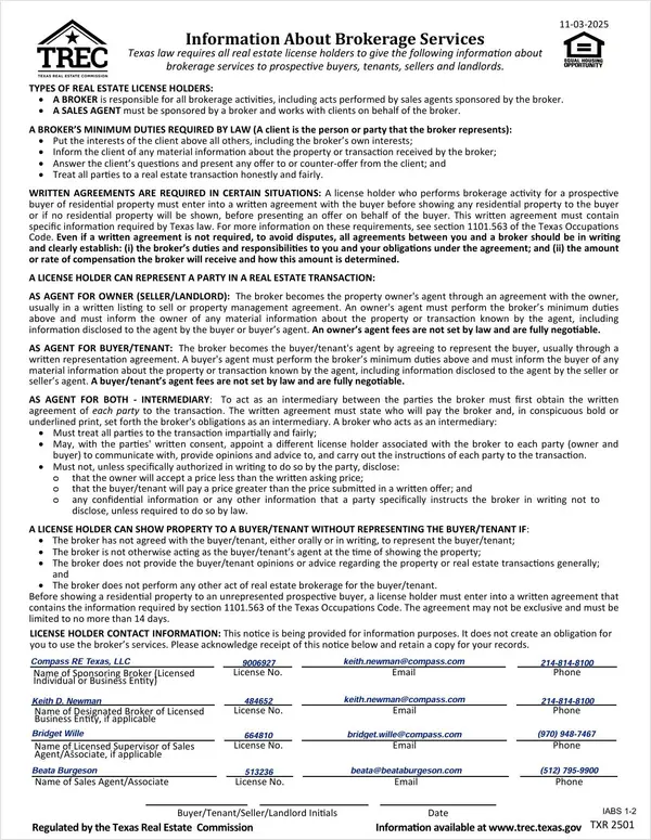 TREC Information About Brokerage Services,Beata Burgeson