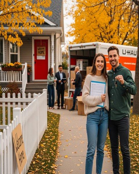 couple with new house keys; uhaul in background