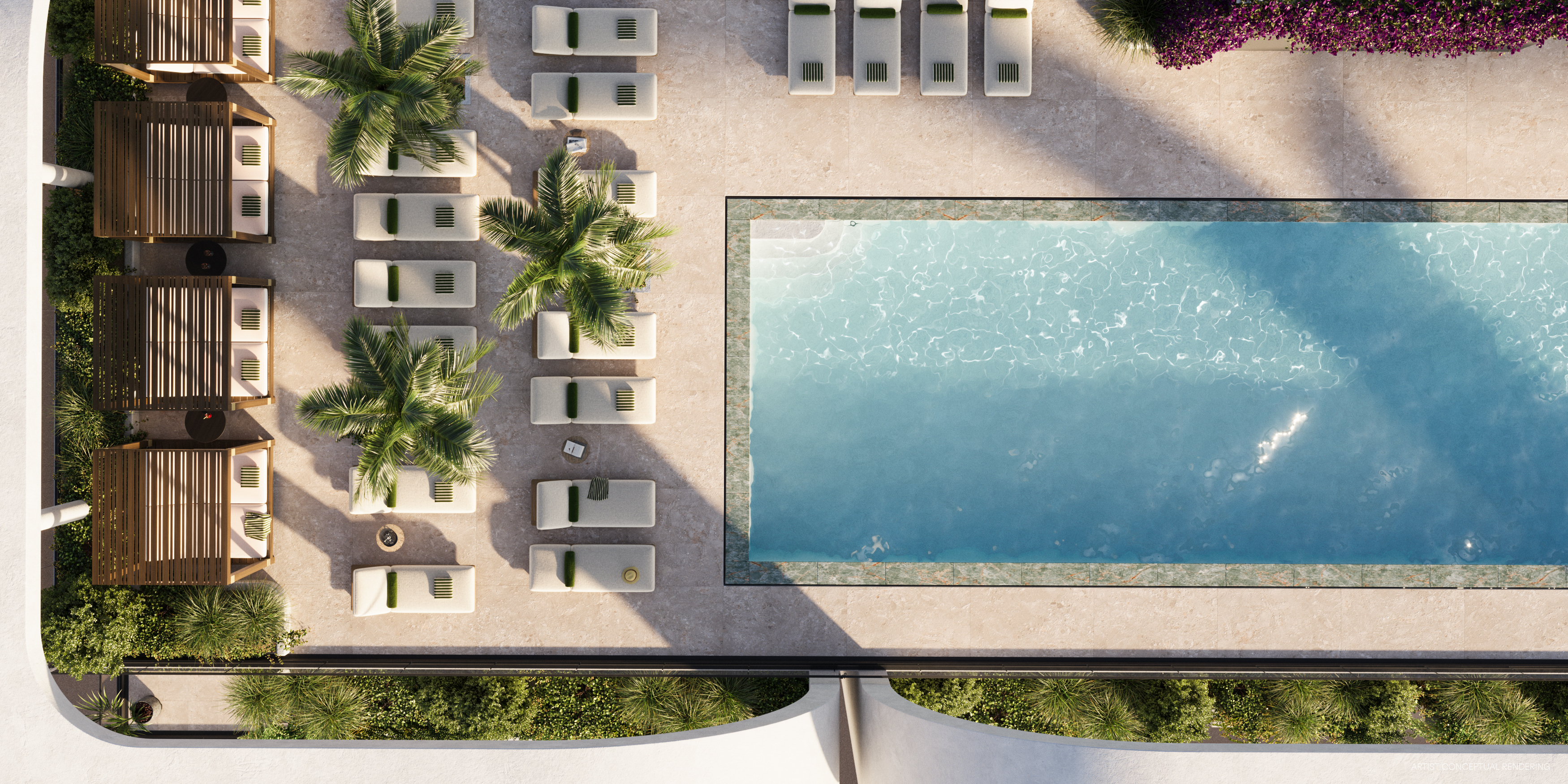 Rooftop wellness pool and relaxation terrace at House of Wellness Brickell luxury condos