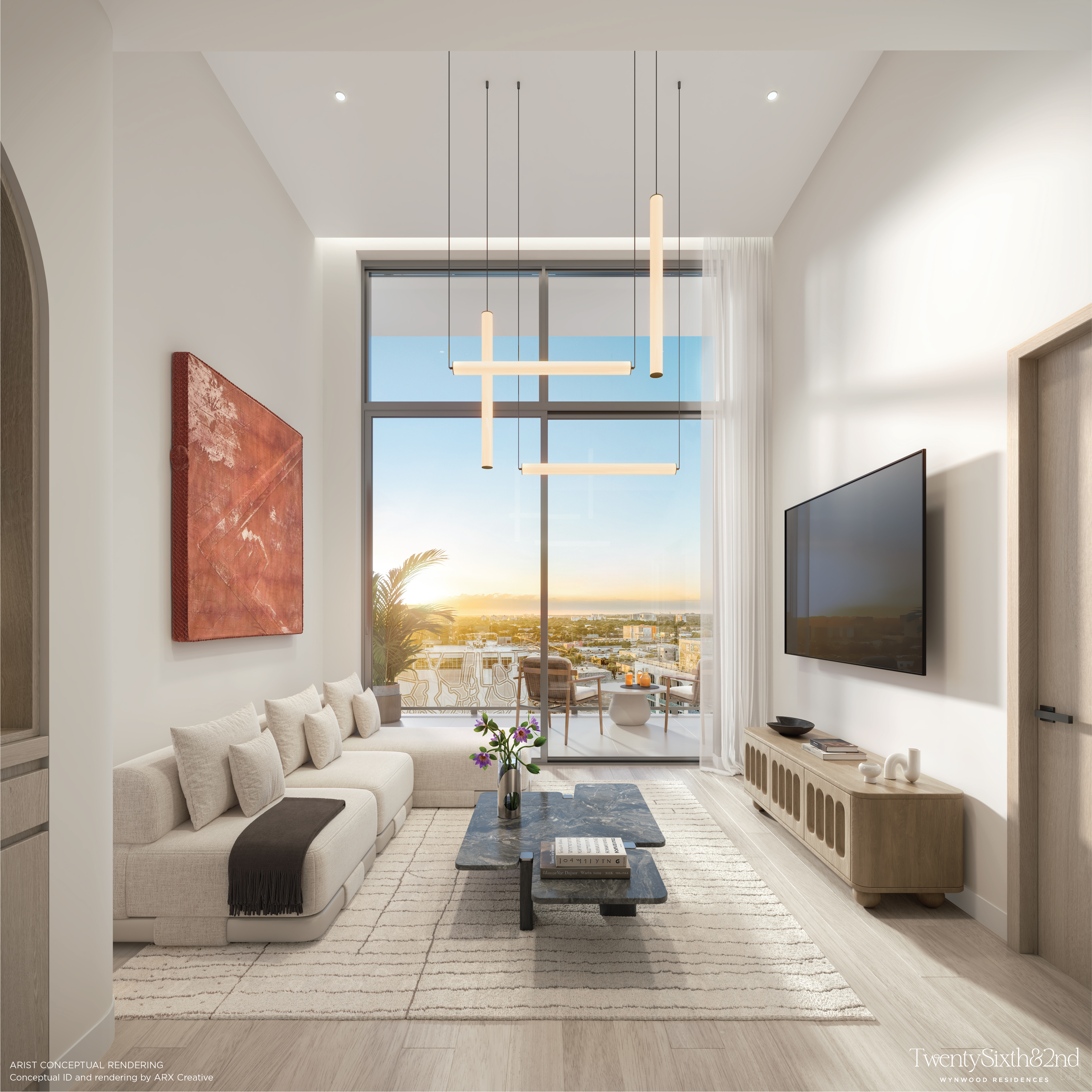 Contemporary living room interior at Twenty Sixth and 2nd Wynwood Residences in Miami
