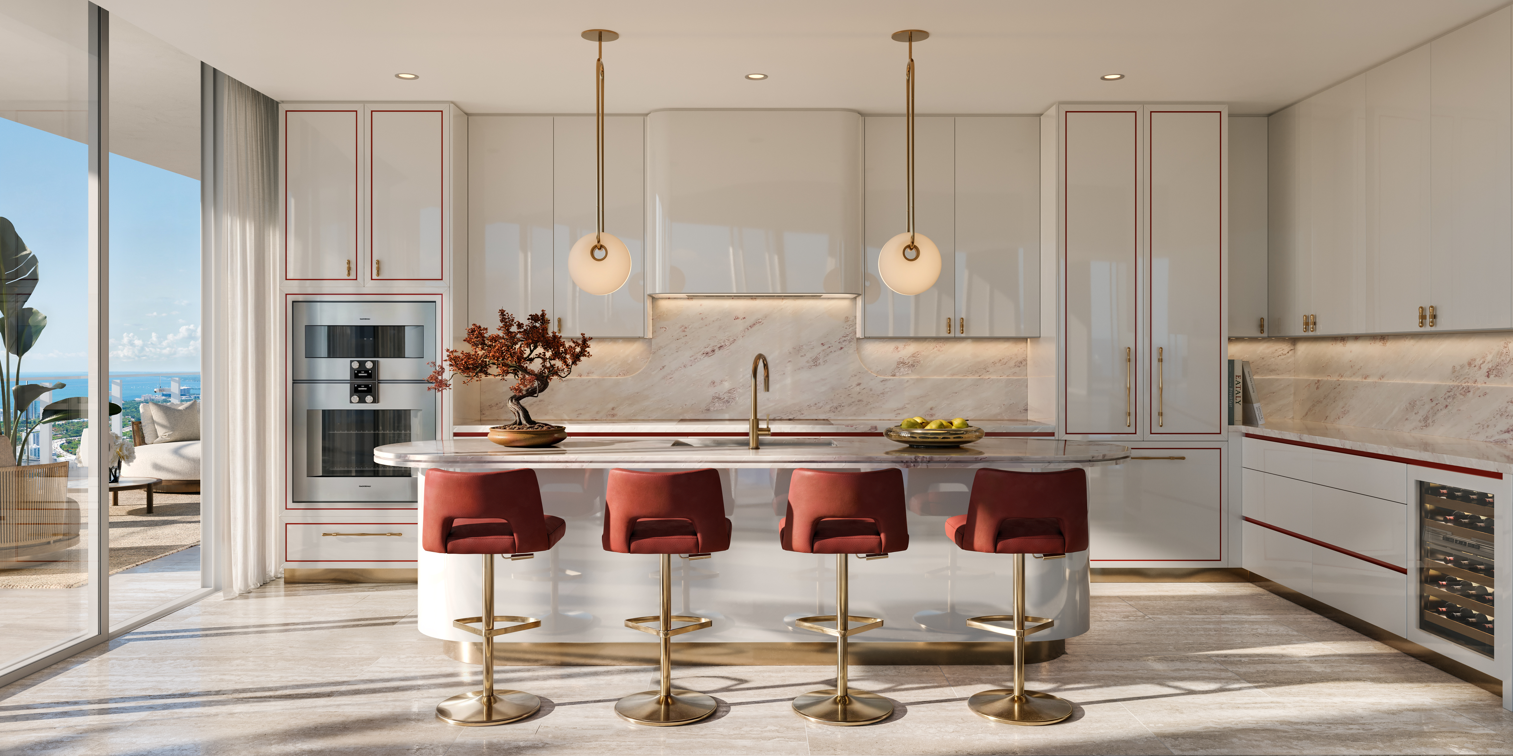 Designer kitchen and dining space inside Faena Residences Miami luxury condos