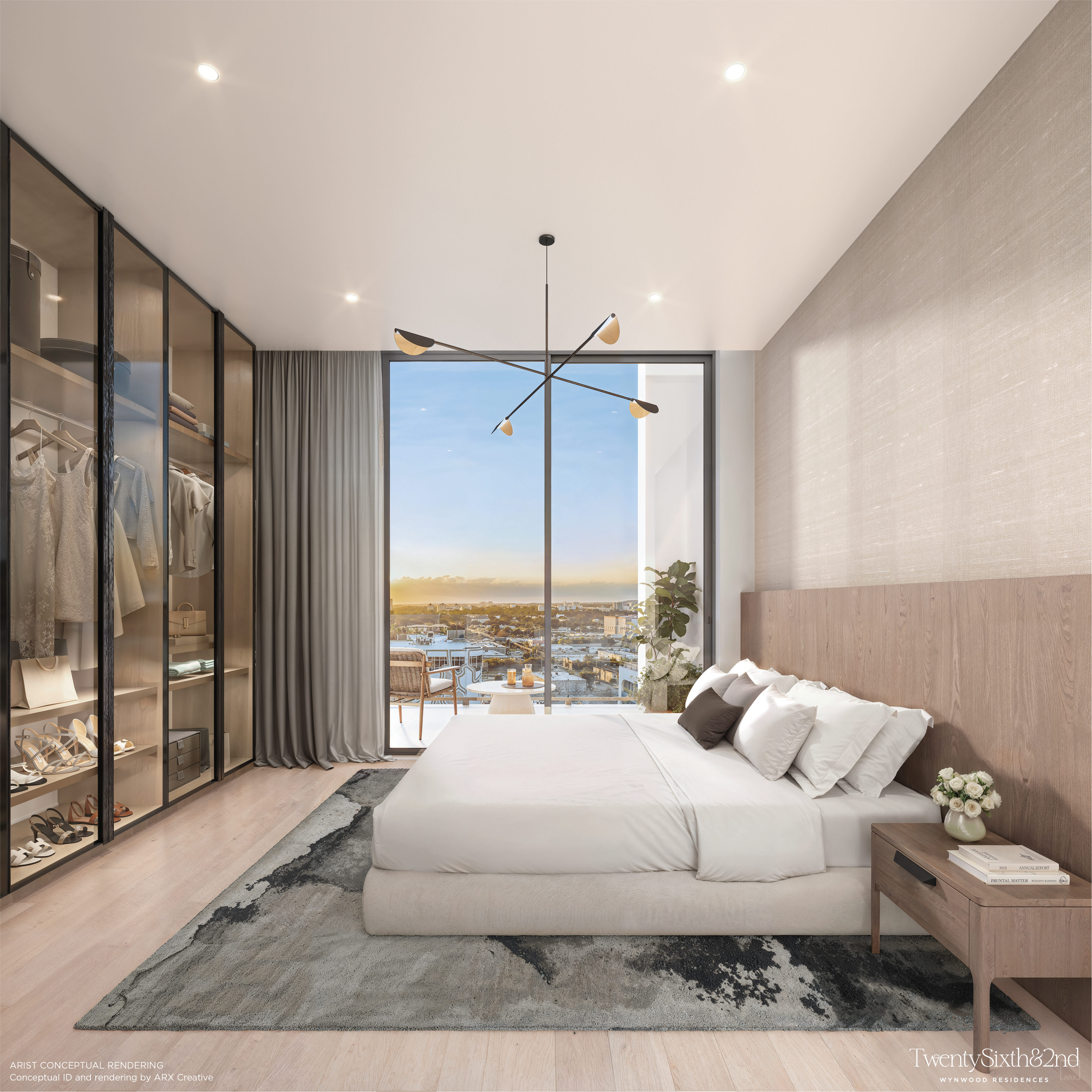 Primary bedroom interior at Twenty Sixth and 2nd Wynwood Residences Wynwood Miami