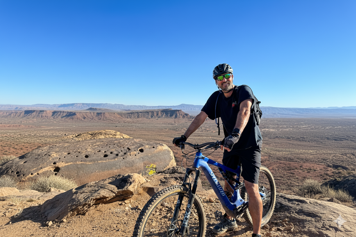 Mountain biker riding scenic trails near St George Utah luxury homes with red rock views and desert landscape.