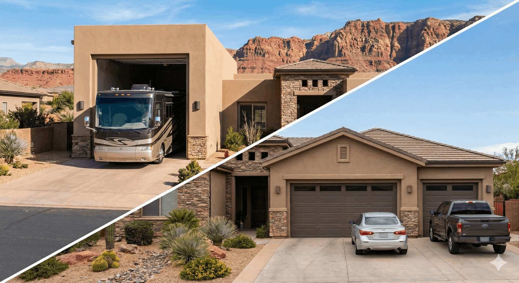 Diagonal split comparison showing a Class A motorhome pulling into a tall RV garage home in St. George, Utah above a standard 2-car garage home