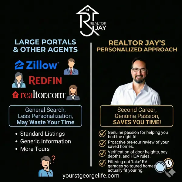 Graphic comparing big real estate portals to Realtor Jay’s personalized RV‑garage home search services.