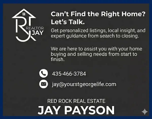 Realtor Jay contact card with phone number, email, and Red Rock Real Estate branding.