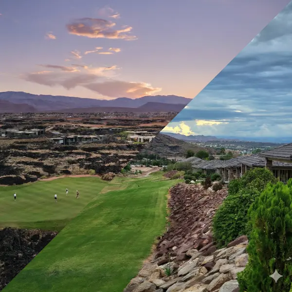 Split image of Southern Utah golf communities, with golfers on a lava‑rock desert fairway at sunset on the left and a row of golf course homes along a green fairway under cloudy skies on the right.