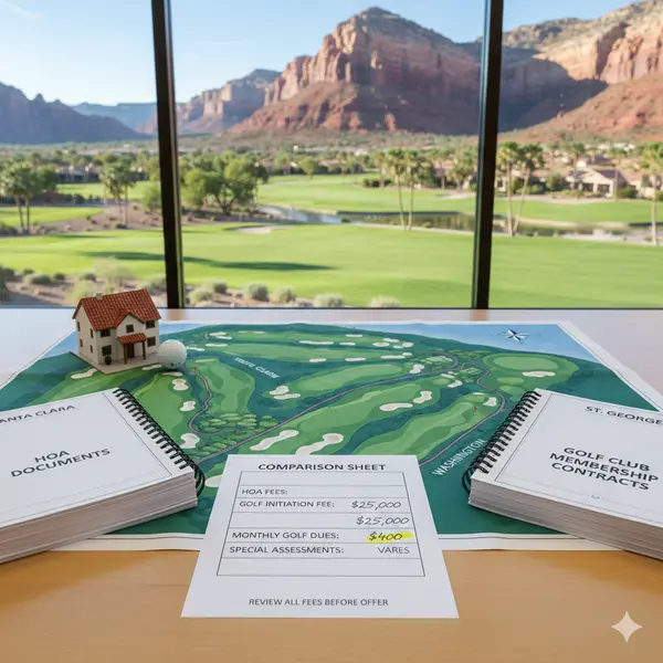 Overhead view of Southern Utah golf home buyer desk with HOA fee documents, golf club dues contracts, and course map for St. George, Ivins, Washington, Santa Clara, and Hurricane
