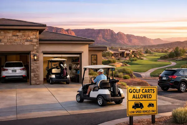 Rendition of Southern Utah golf course home with dedicated golf cart garage and cart backing toward a low‑speed community street at sunrise
