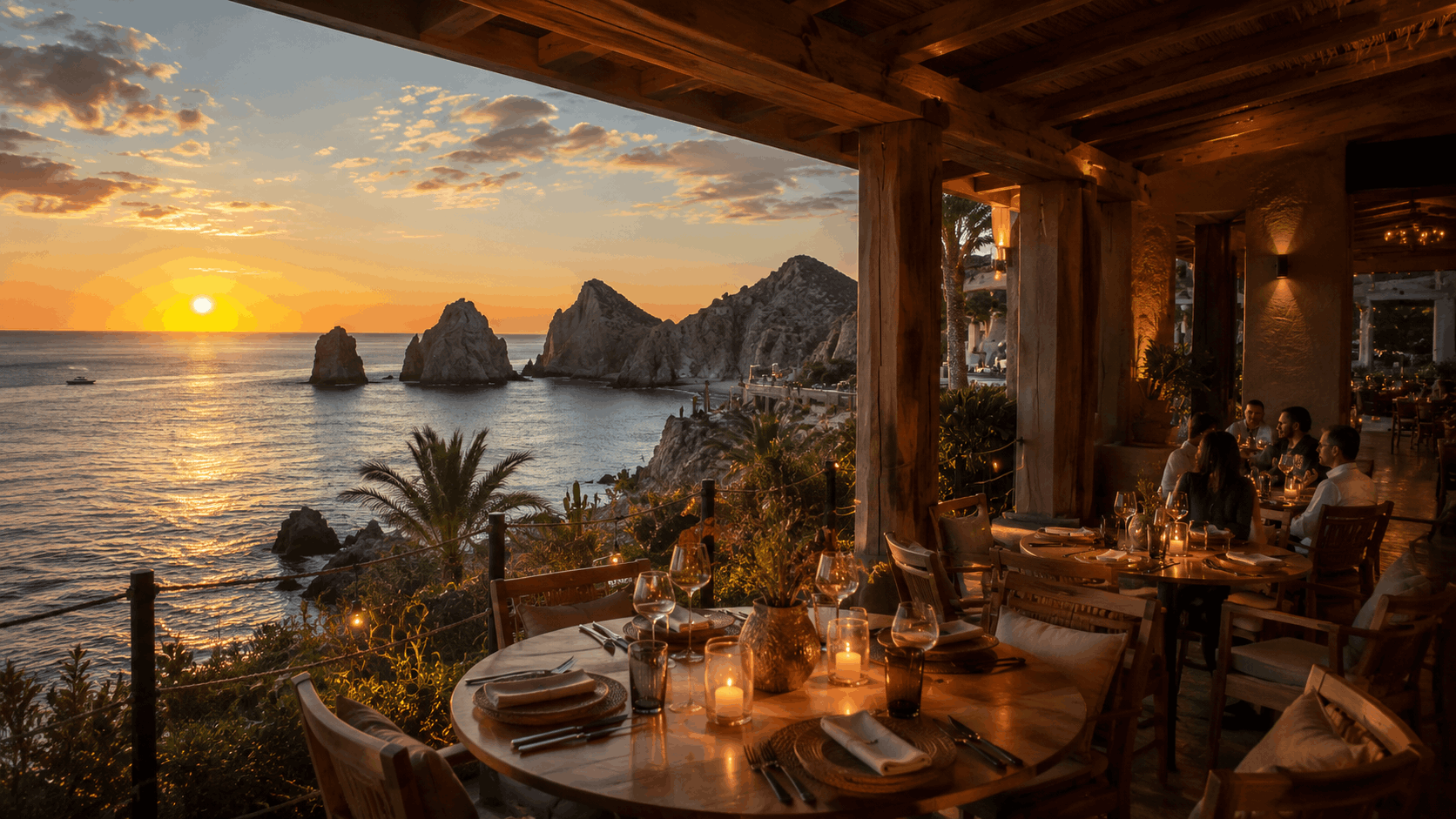 Cabo San Lucas sunset dining scene with ocean cliffs and refined luxury atmosphere