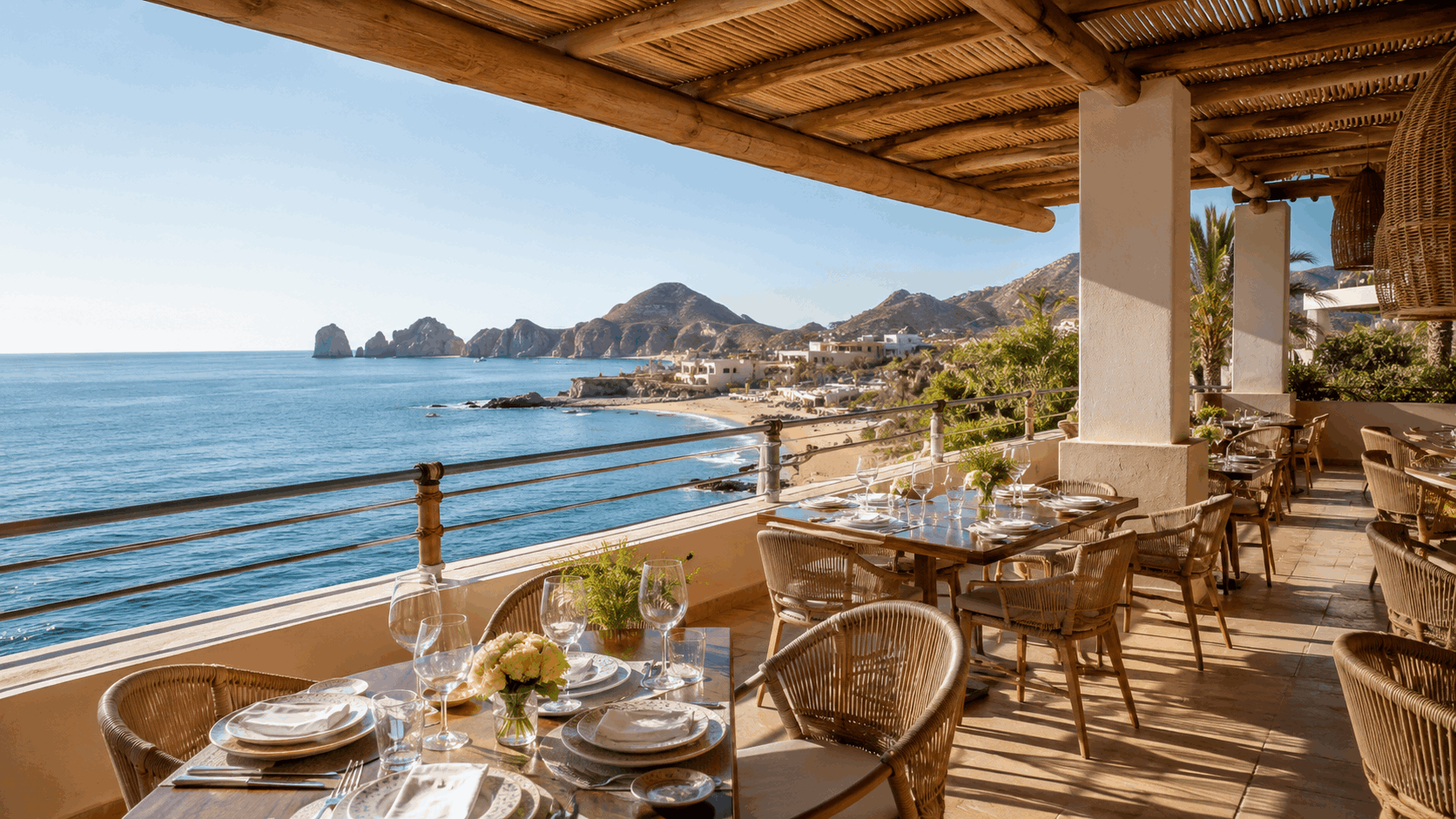 Luxury restaurant terrace in Cabo San Lucas with ocean views and refined dining atmosphere