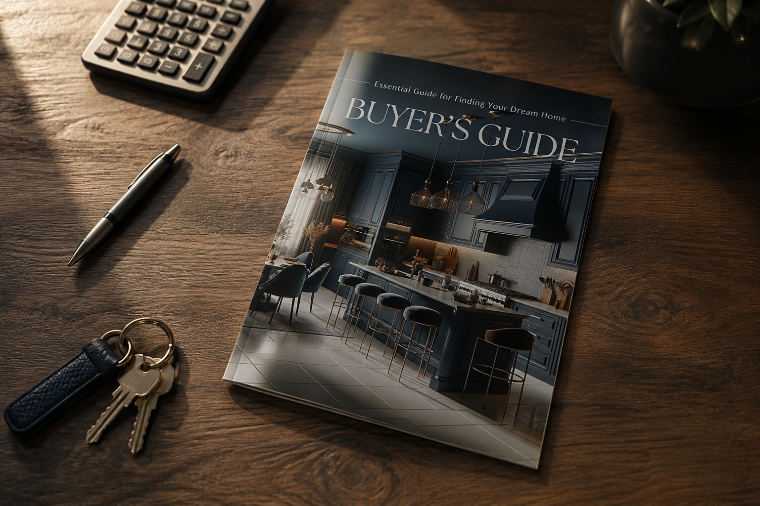 Home buyer's guide booklet on a desk with house keys, a pen and a calculator