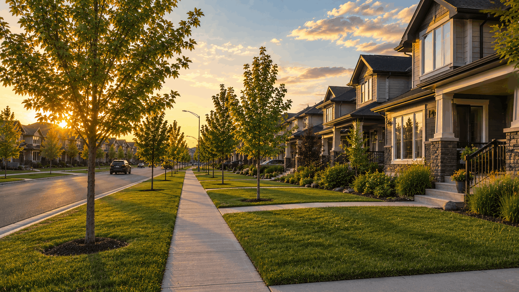 Quiet residential street in a Southwest Edmonton neighbourhood on a summer evening