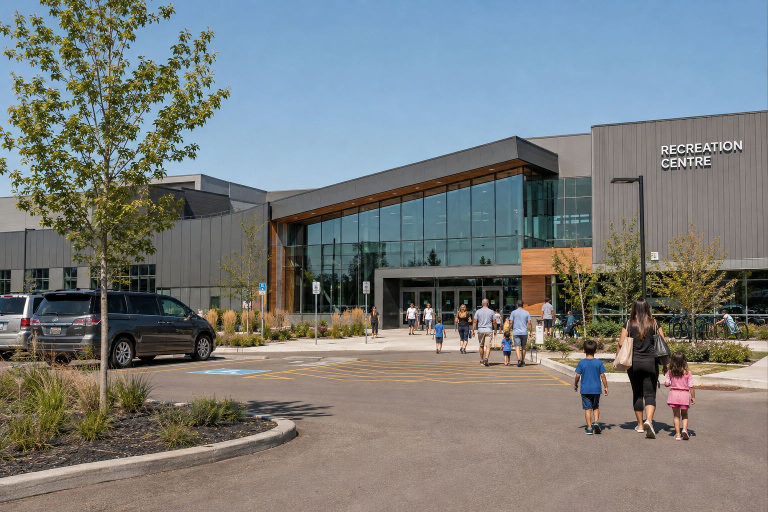 Modern community recreation centre exterior with families arriving in Southwest Edmonton