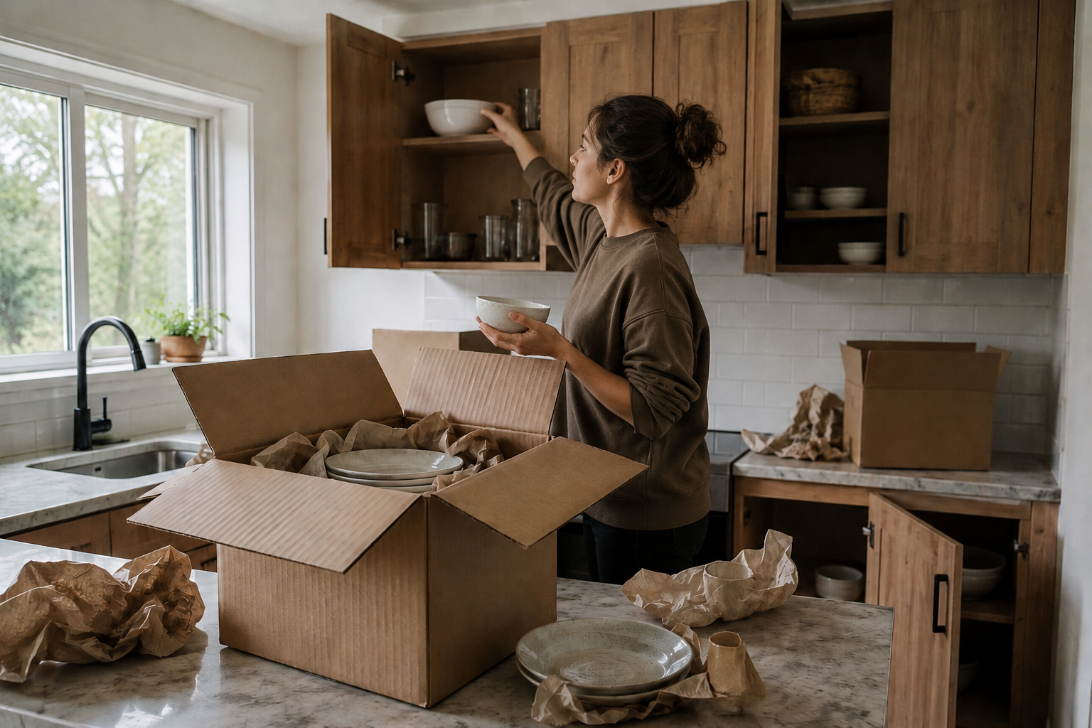Packing kitchen dishes into a moving box while preparing a home for sale