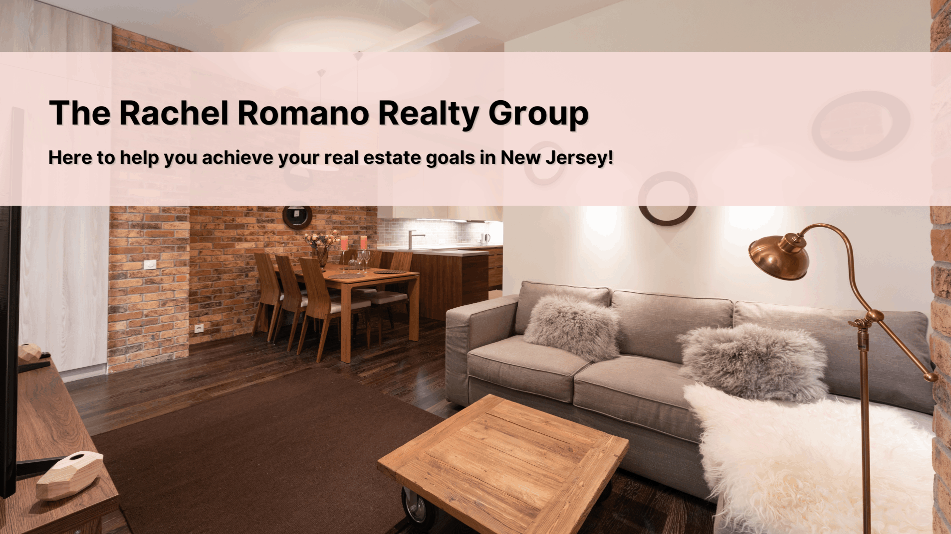 Modern open-concept living and dining area staged for a New Jersey real estate listing, featuring The Rachel Romano Realty Group branding.