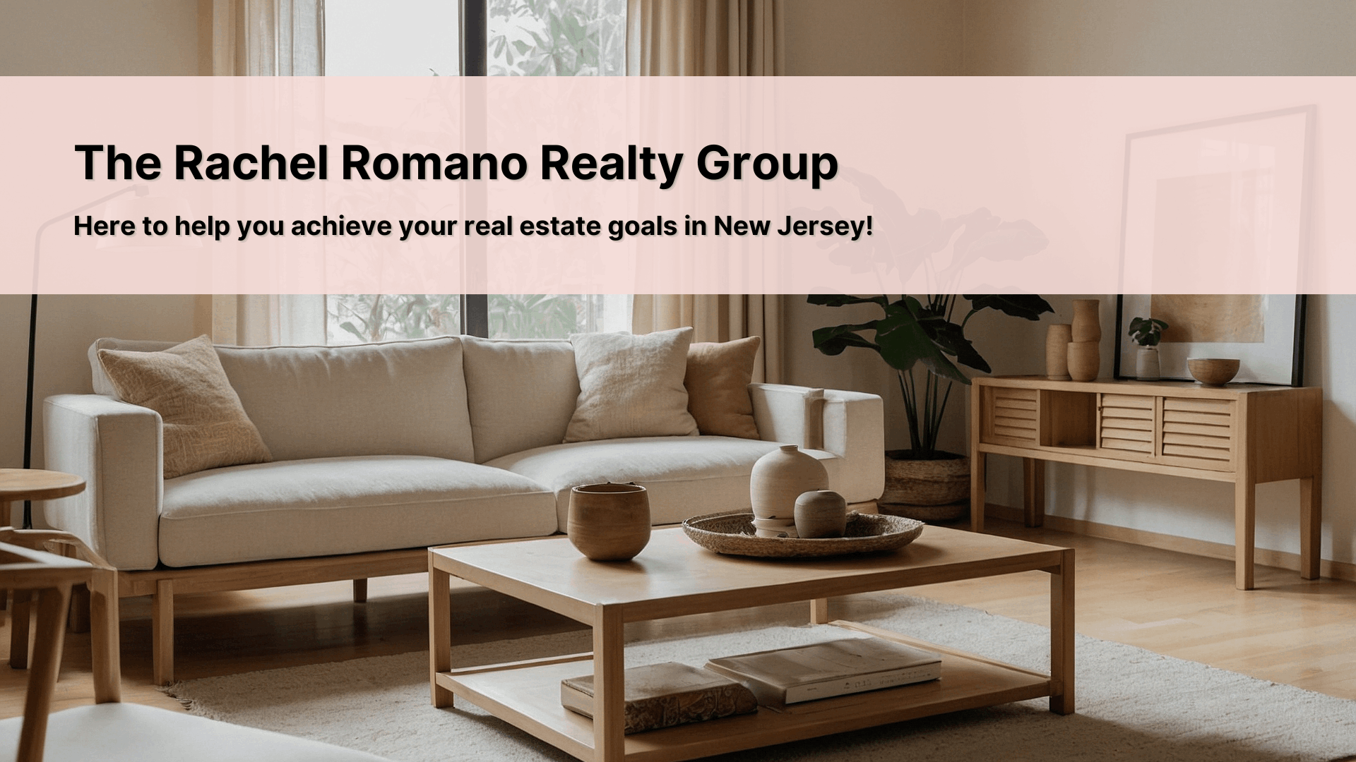 Modern staged living room with neutral tones, wood furniture, and soft natural lighting, featured in a promotional banner for The Rachel Romano Realty Group in New Jersey.
