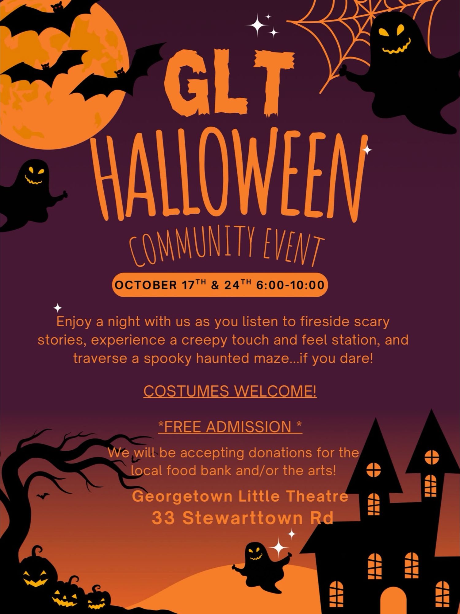 Hand-drawn Georgetown Little Theatre Halloween Haunt poster with bat, moon and event details