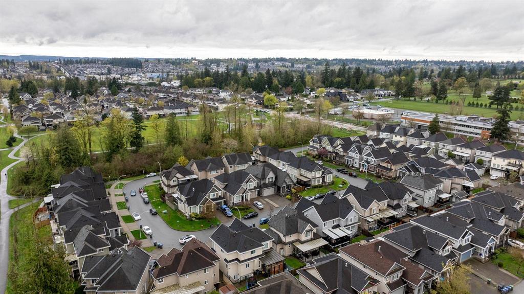 Aerial view of detached homes and green space in East Newton, Surrey, BC