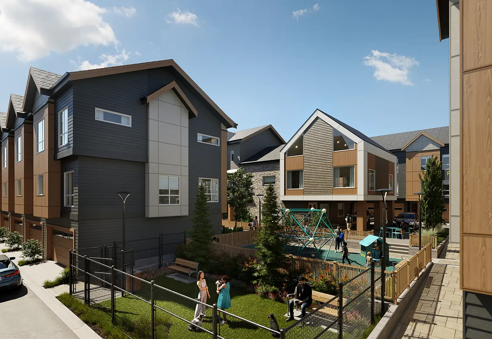 Rendering of the Liberty Encore amenity clubhouse, playground and enclosed dog run