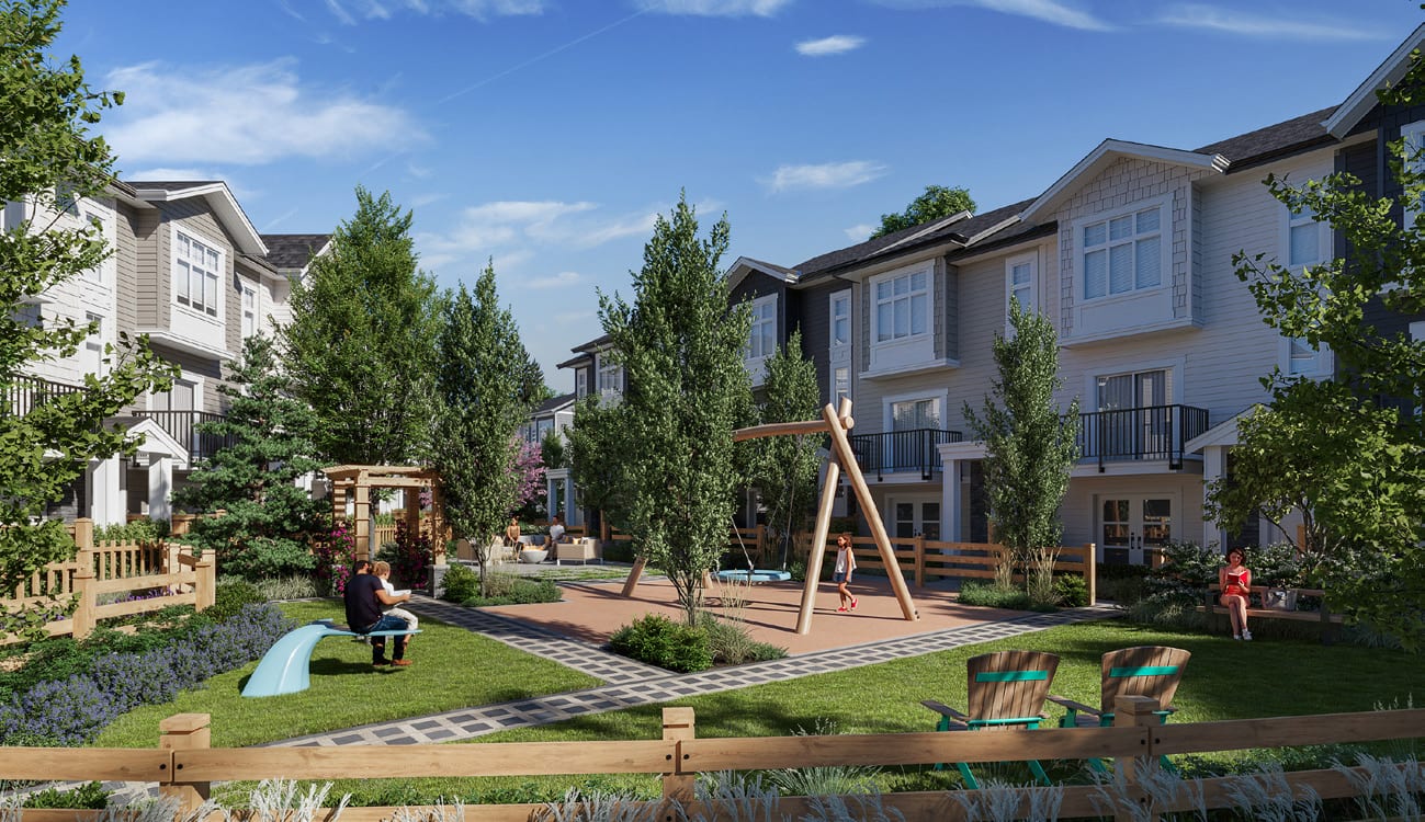 Griffon outdoor amenity space with children's play area and lawn between the townhomes