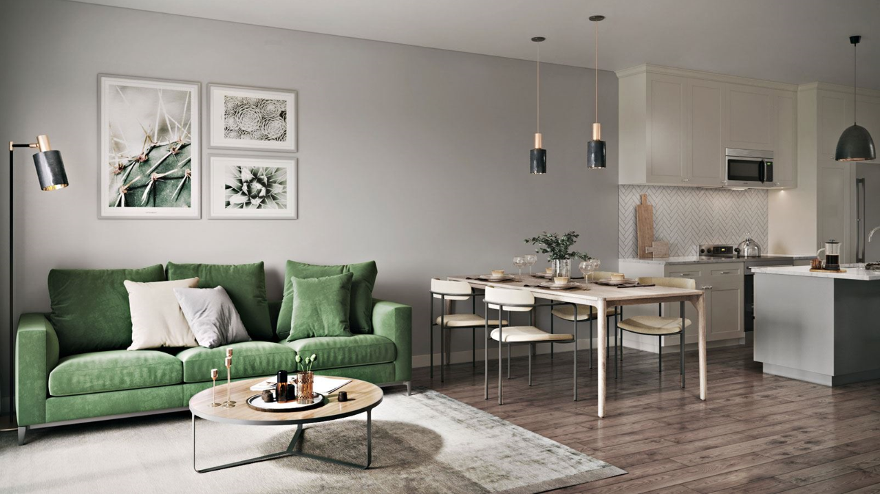 Interior of a new Maple Ridge pre-sale condo living room with mountain-view windows, typical of current Maple Ridge pre-sale projects