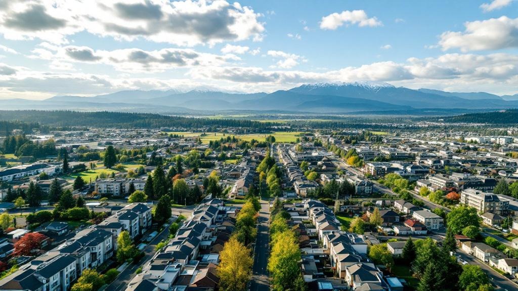 Aerial view of the Fraser Valley in British Columbia, with modern suburban cityscape, tree-lined neighbourhoods, and distant Coast Mountains on the horizon