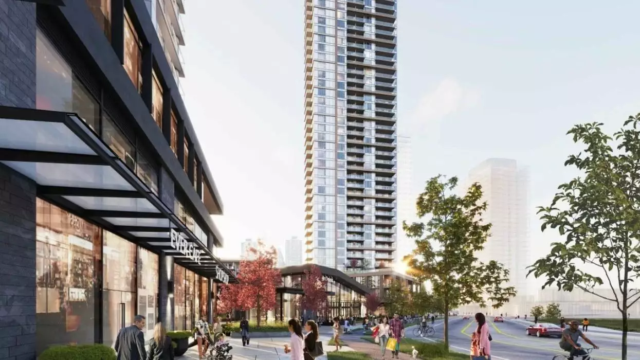 Georgetown ground-level render showing pedestrian streetscape, retail spaces, and tower base