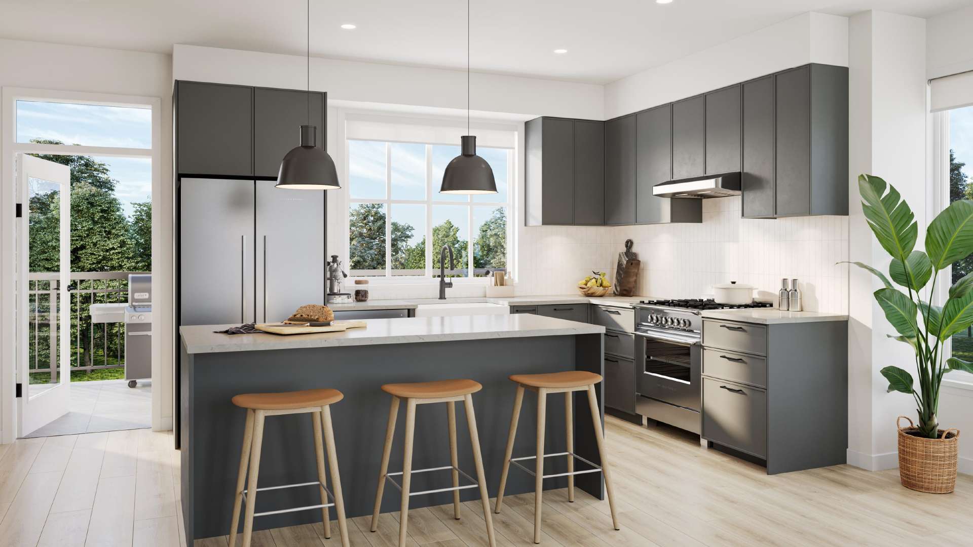 Heath West dark palette kitchen with shaker cabinets and Fisher and Paykel appliances