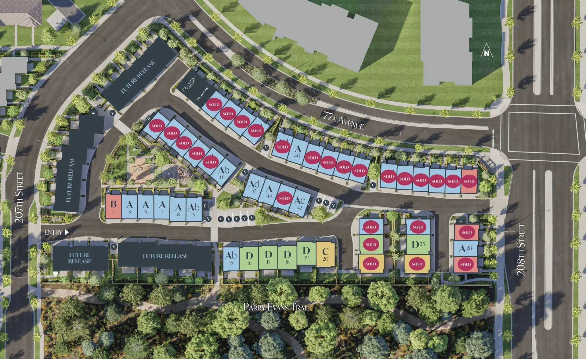 Griffon Langley site plan showing the placement of 68 townhomes across the Willoughby development at 7716 207 Street