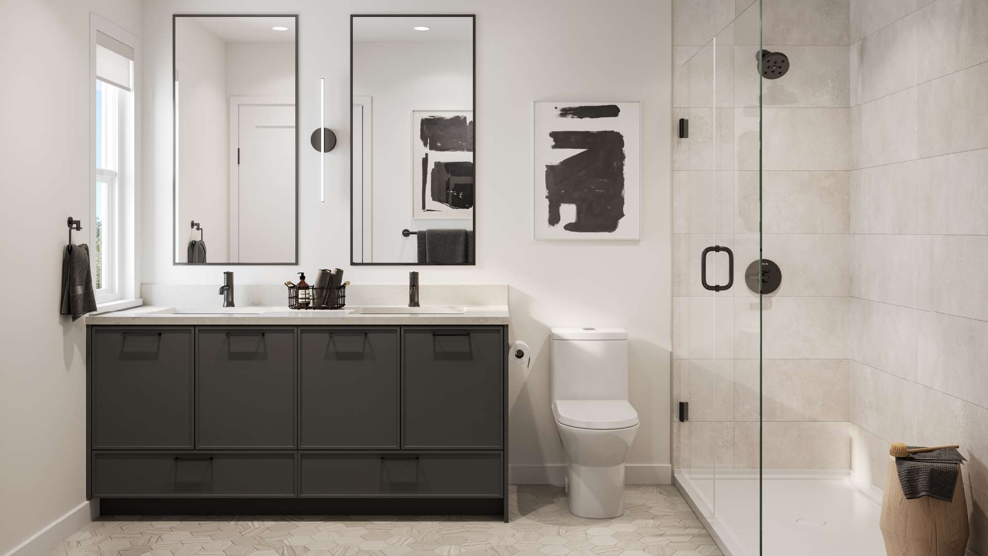 Heath West dark palette ensuite with matte black fixtures and quartz counters