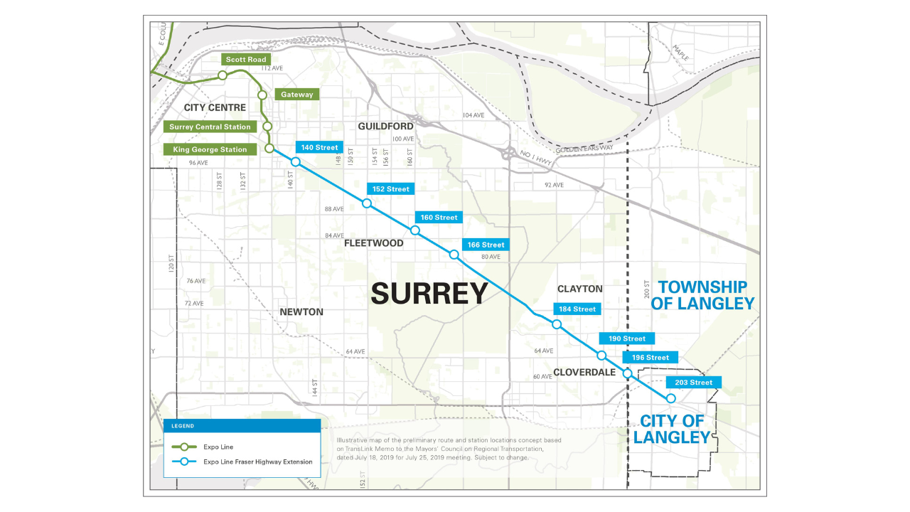 Surrey-Langley SkyTrain Extension route map: King George to Langley Centre along Fraser Highway