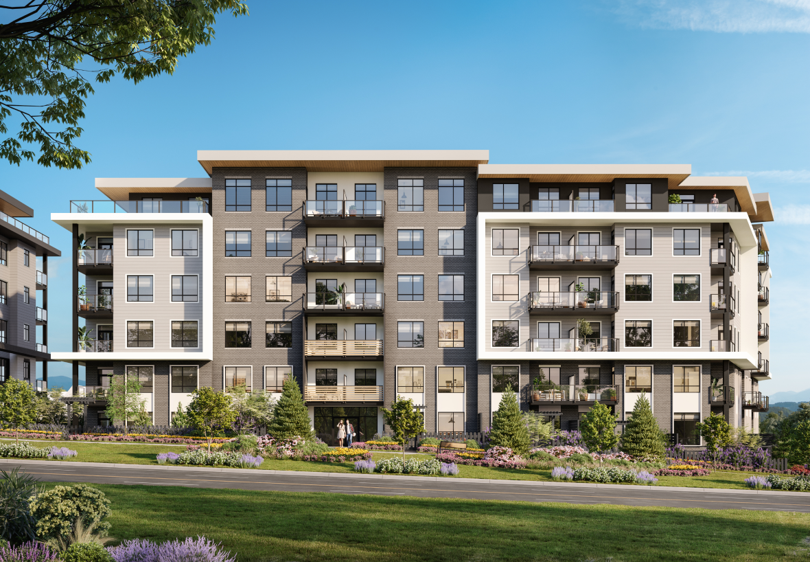 Solana Langley condos by Zenterra Developments, exterior elevation render at Willoughby