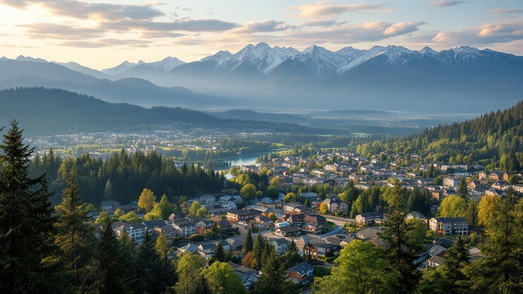Maple Ridge Fraser Valley landscape showing townhomes and mid-rise condo buildings with Golden Ears mountains in the background