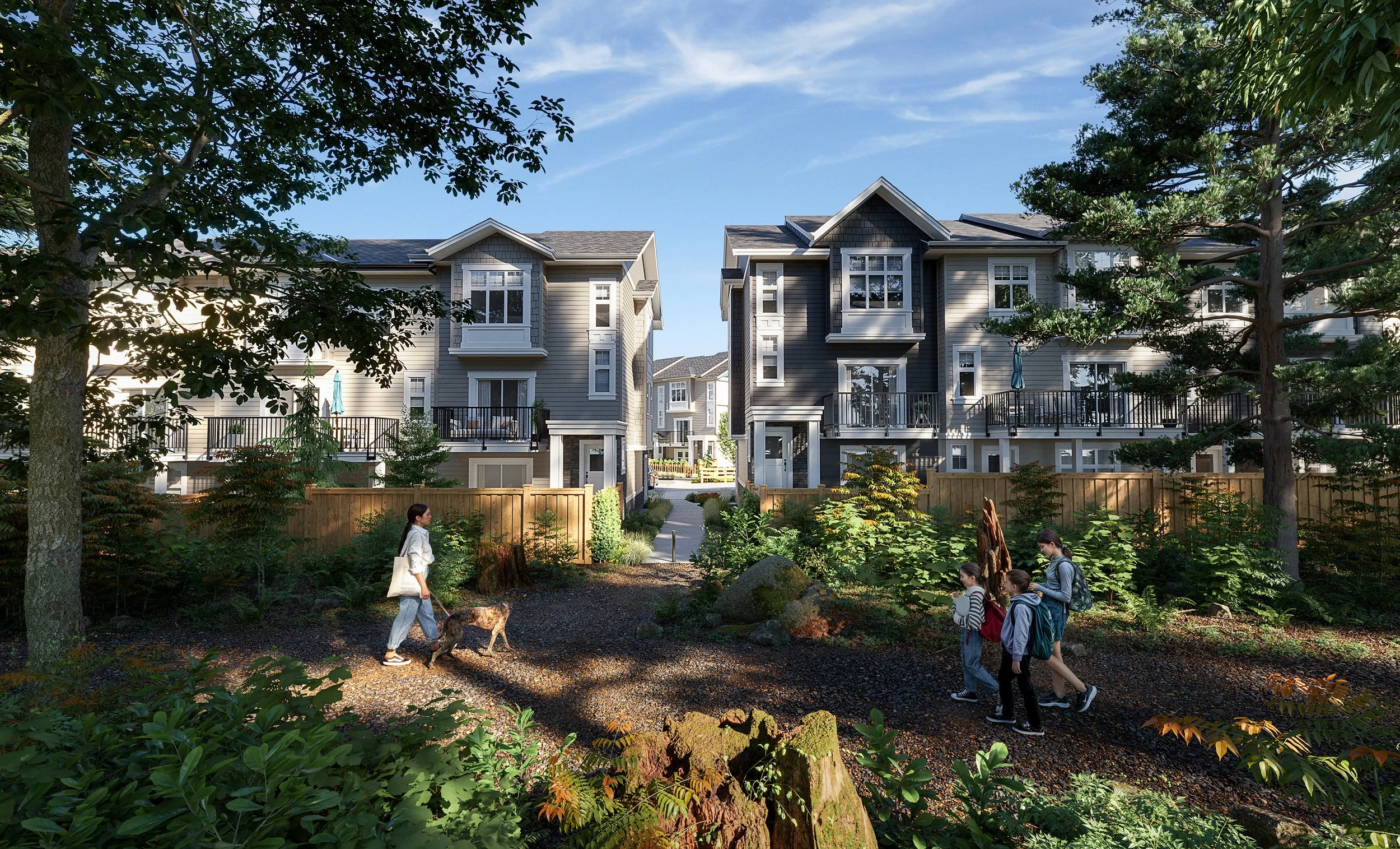 Griffon Langley townhomes by Sunmark Developments, exterior view with green-space walkway at Yorkson, Willoughby
