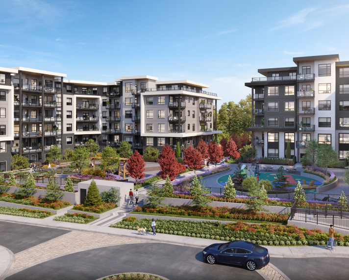 Solana Langley condos by Zenterra, wider site view showing both six-storey buildings and central courtyard at Willoughby