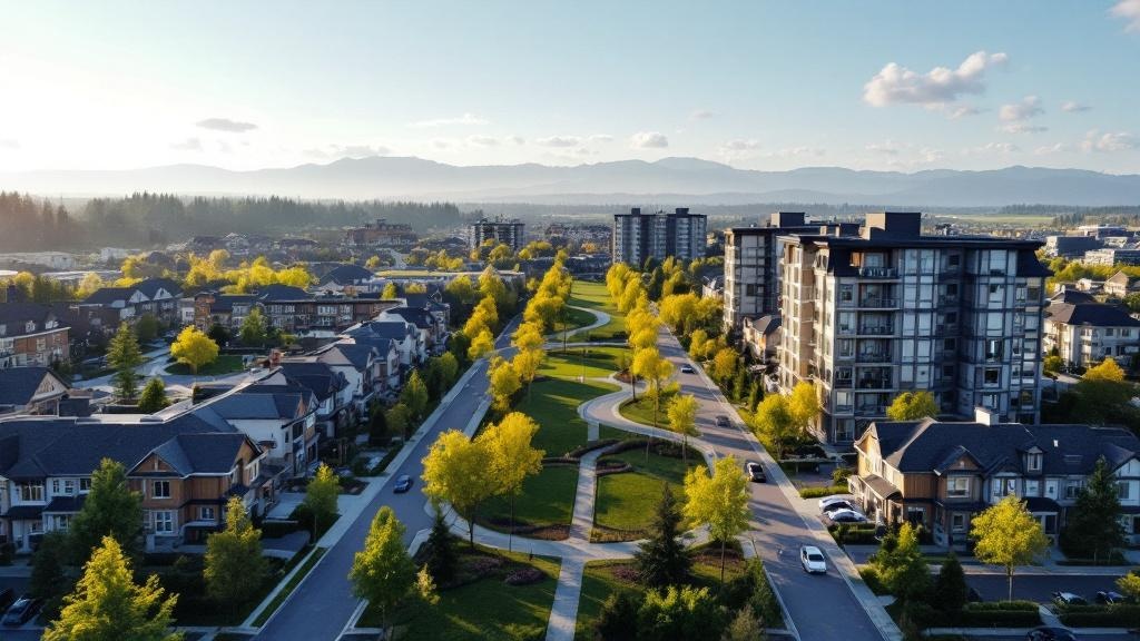 Aerial view of a Fraser Valley suburban neighbourhood showing new townhomes, mid-rise condo buildings, central green park, and Coast Mountains in the distance