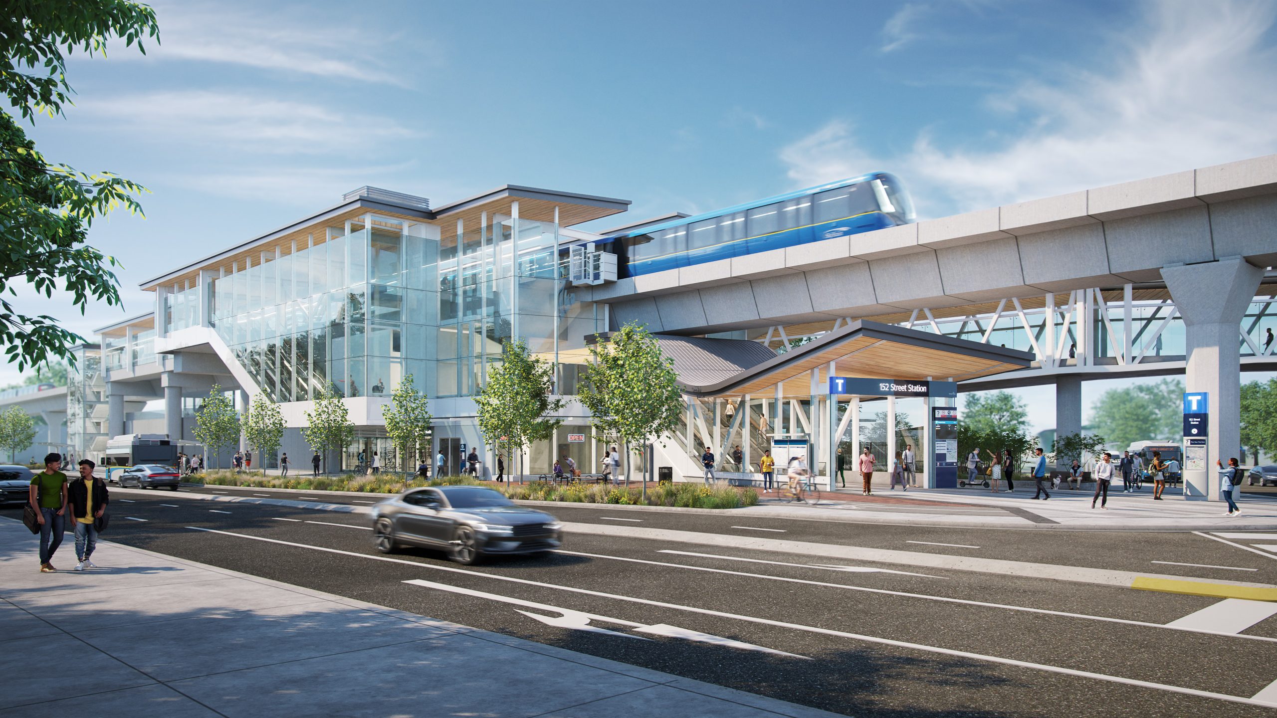 Rendering of the future 152 Street SkyTrain station at Fraser Highway