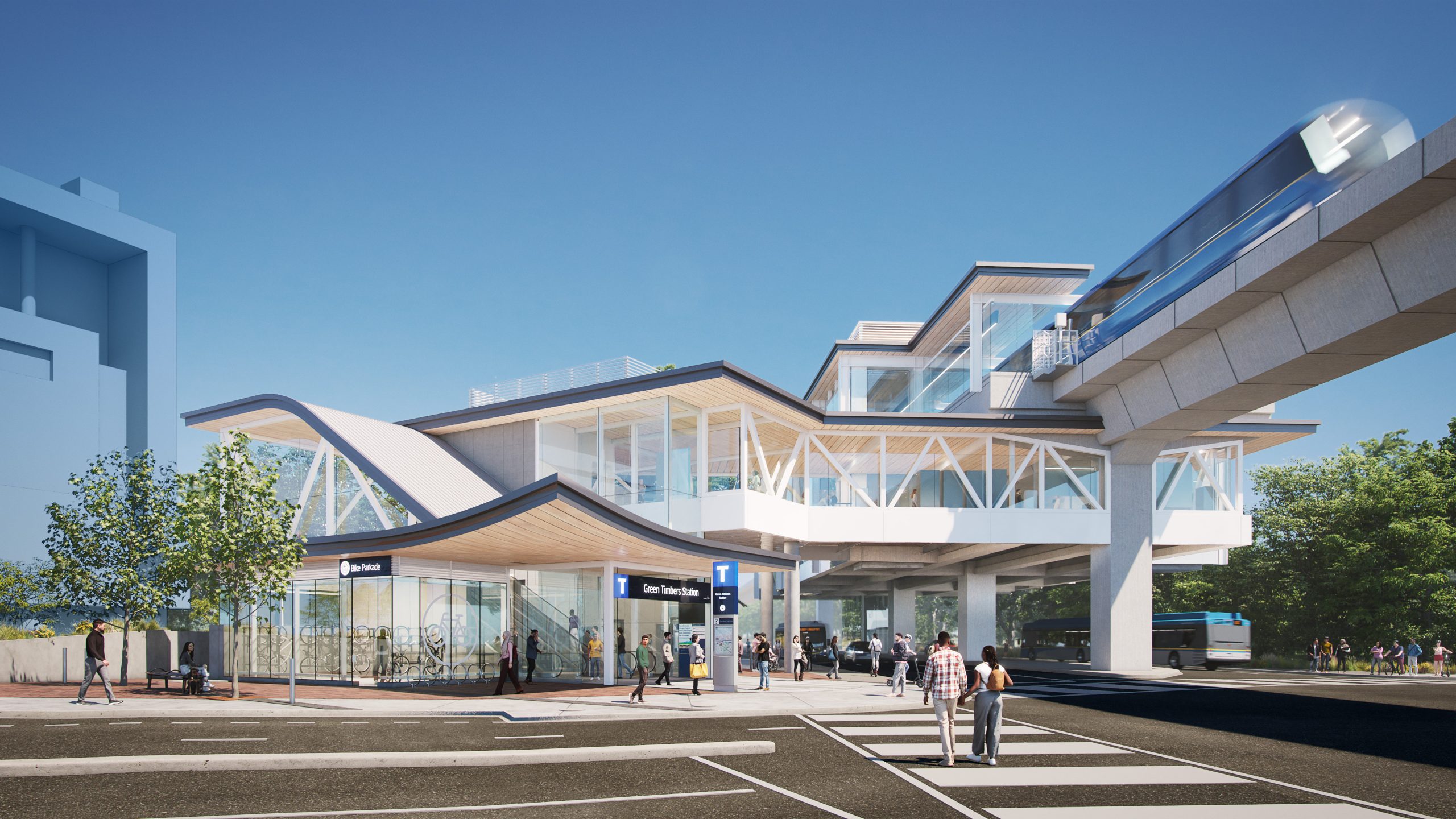 Rendering of the future Green Timbers SkyTrain station at 140 Street and Fraser Highway