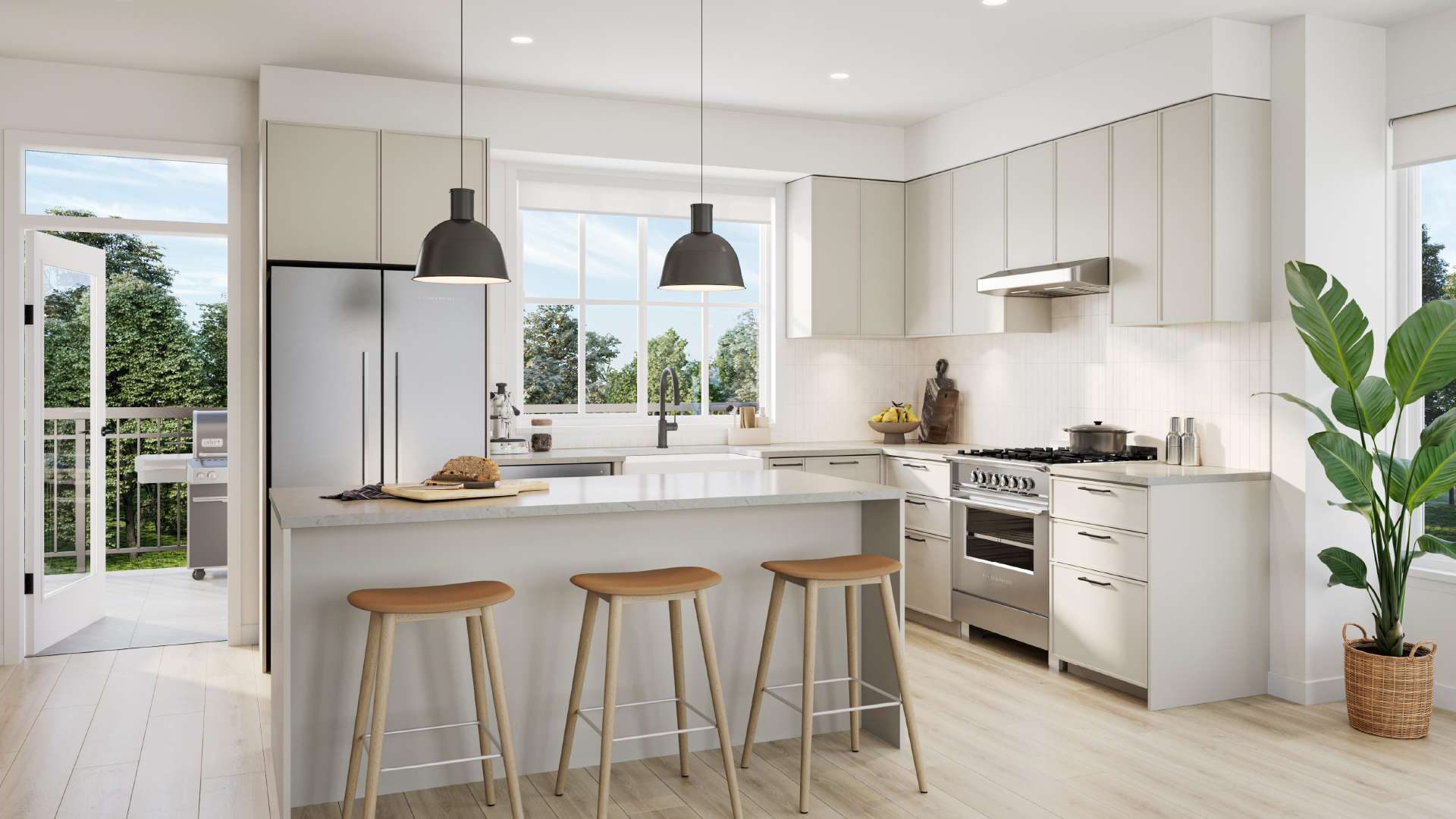 Heath West Langley townhome kitchen interior render: white shaker cabinetry, quartz countertops, Fisher and Paykel stainless appliances, pendant lighting