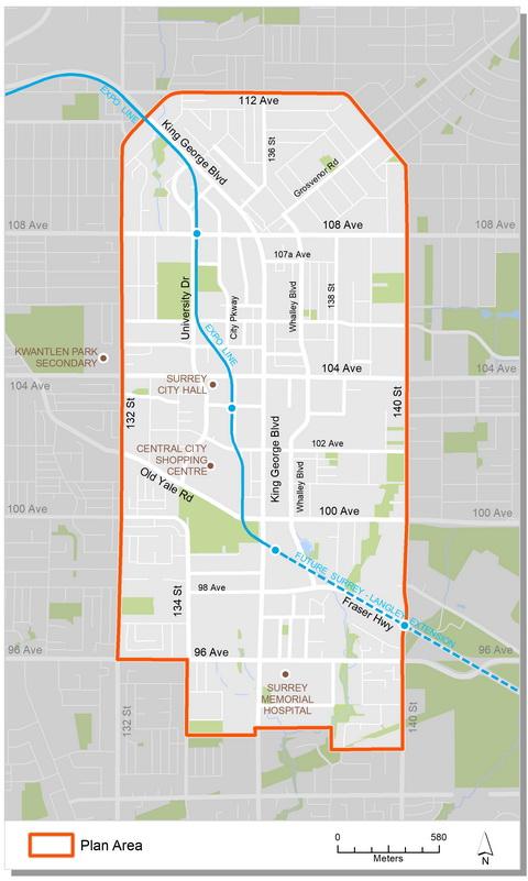 City of Surrey official Surrey City Centre location map showing the City Centre core within Whalley