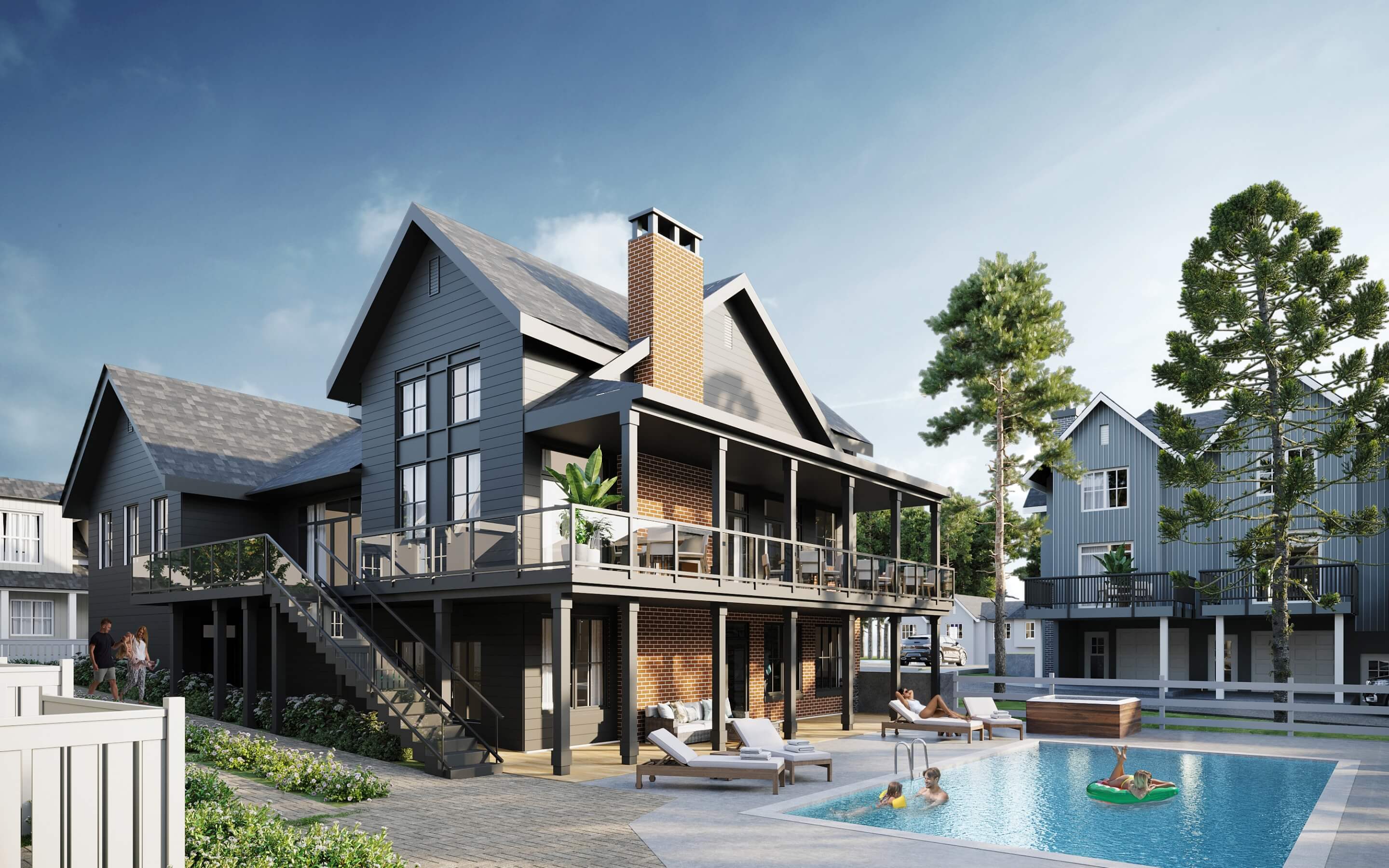 The Coho Club render: two-storey farmhouse clubhouse with brick chimney, covered deck seating, and outdoor pool at The Falls at Kanaka Springs