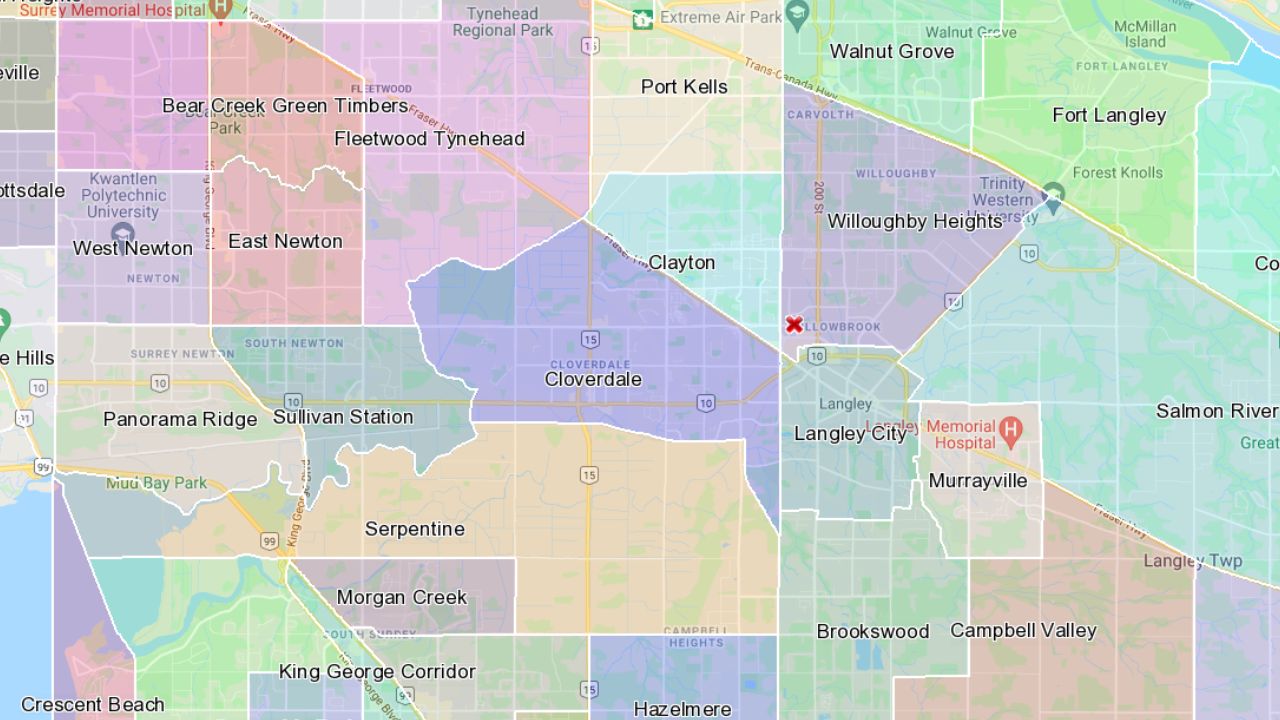 Highlighted neighbourhood map showing Clayton on the Surrey side (pink) and Willoughby Heights on the Langley side (teal), side by side across the 196 Street municipal boundary
