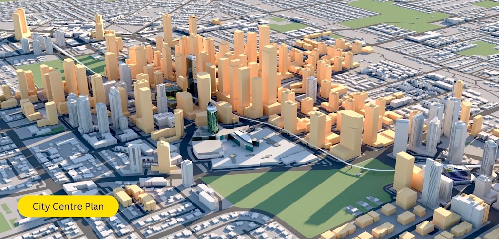 Surrey City Centre future skyline plan, projected highrise corridor near SkyTrain.