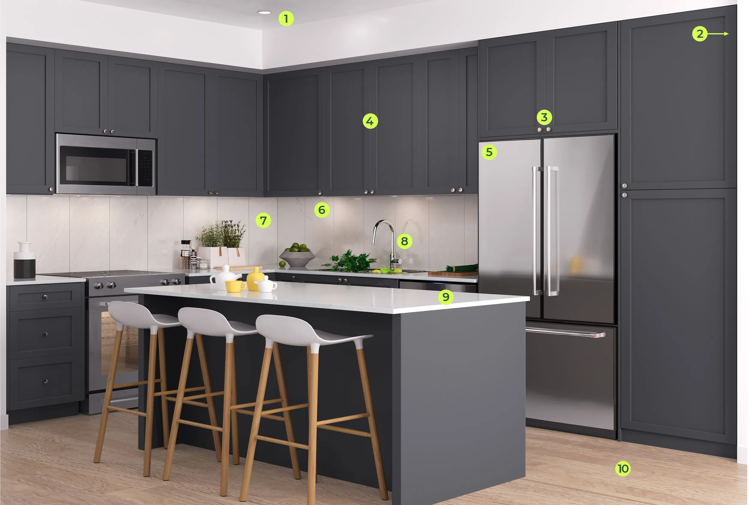 QUEENS Forest Hills kitchen interior render by Dawson + Sawyer with contemporary cabinetry, quartz countertops, premium appliances, and island seating