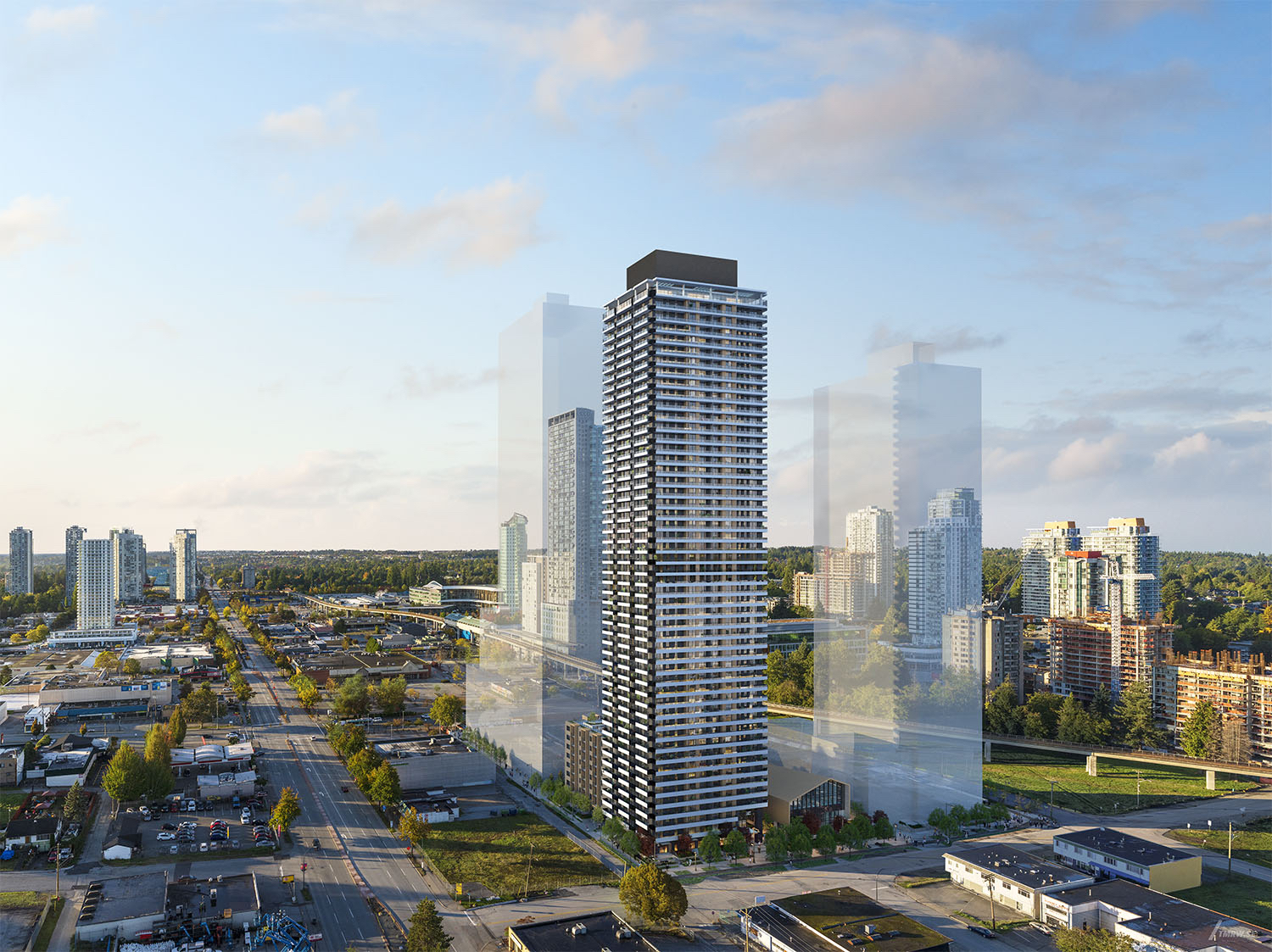 Parkway Surrey 52-storey Intersect tower by Bosa Properties at City Parkway and 104th Avenue, Surrey City Centre, with ghost outlines of the full 4-tower masterplan
