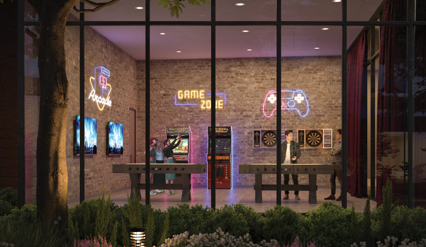 Azure Grove game lounge with foosball, arcade games, and TV seating